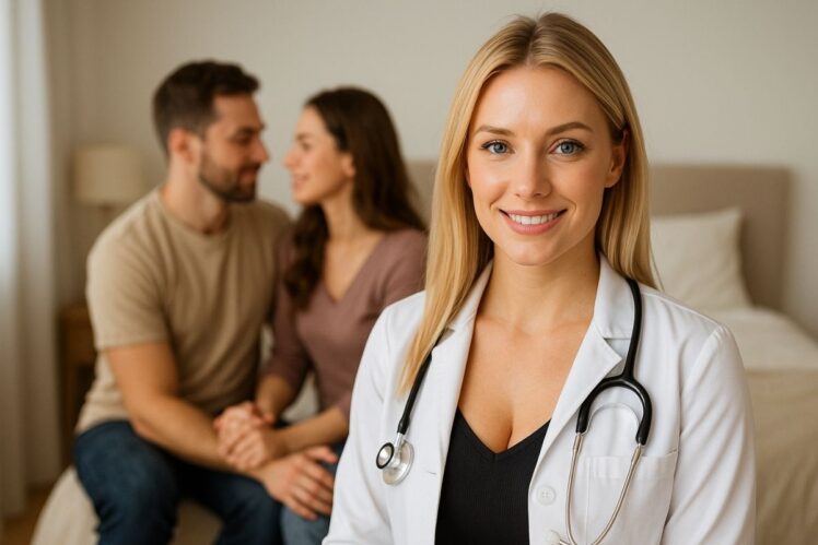 Couple embracing on bed as a doctor looks on