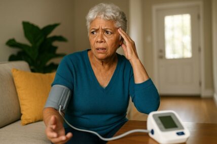 Woman checking blood pressure at home