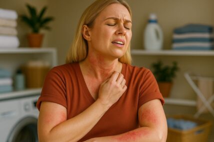 Woman with rash in laundry room