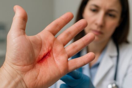 Doctor looking at cut on hand