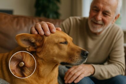 Dog with tick being stroked by person