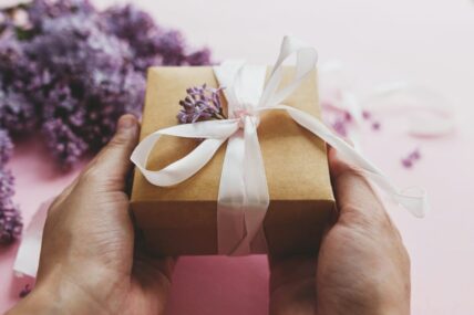 gift box with lilac sprigs on it / costco wellness gifts