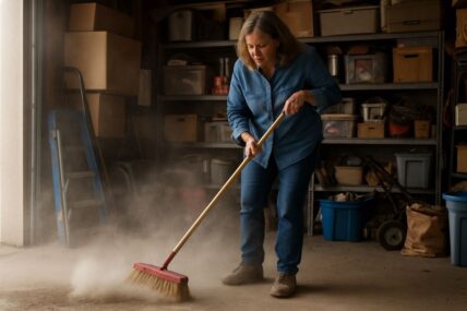 Woman sweeping in garage
