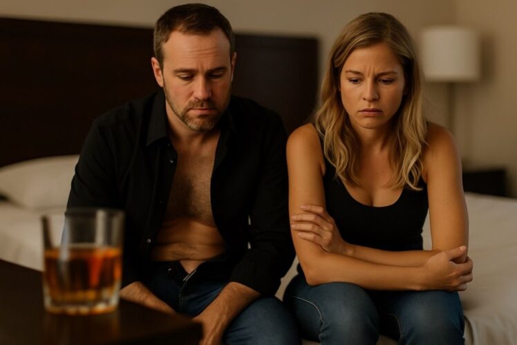 Couple disappointed sitting on the edge of a bed