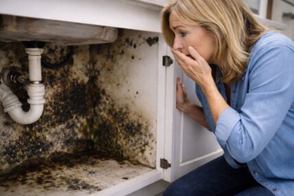 Woman finding mold under sink
