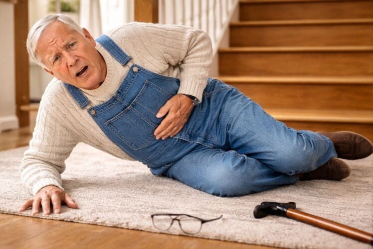 Man at bottom of stairs fallen over.