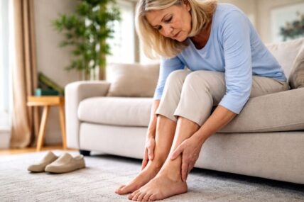 Woman touching both ankles.