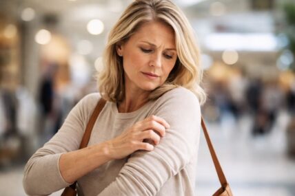 Woman scratching itch in public place