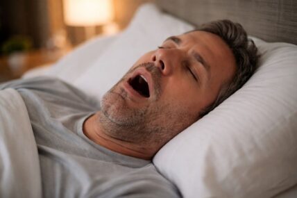 Snoring man sleeping with his mouth open.